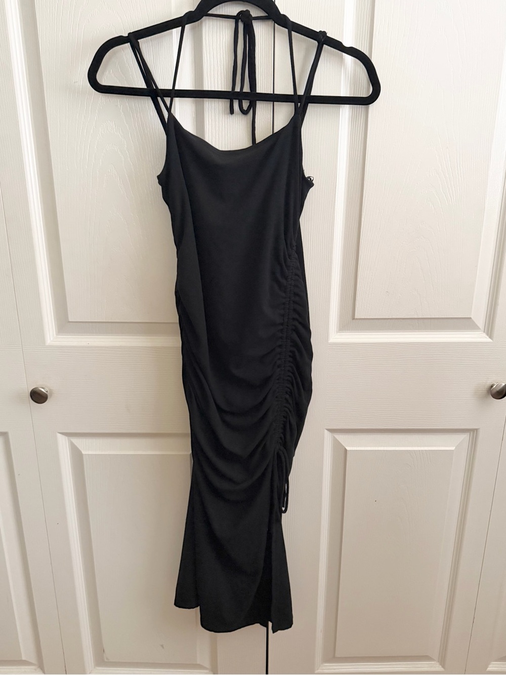 Sophie Rue Black Ruched Midi Slip Dress with Halter Tie